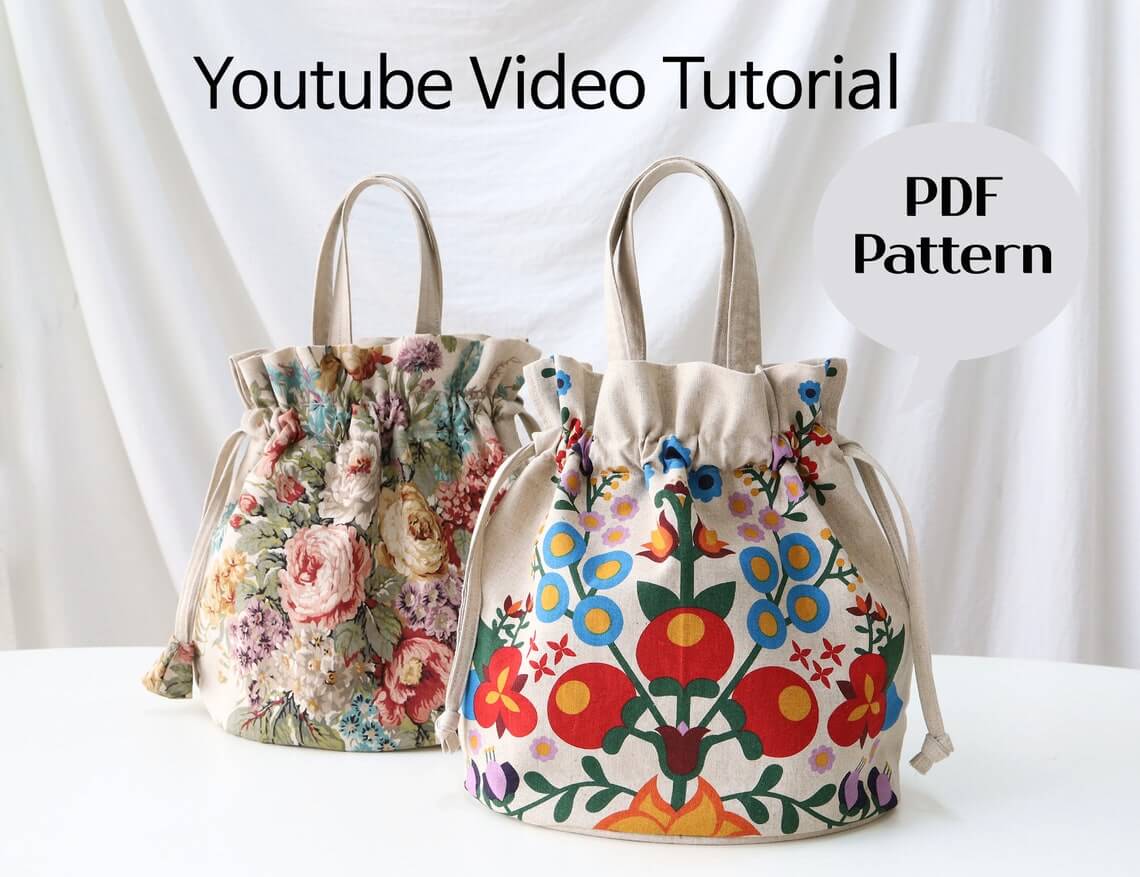 Bucket Bag Sewing Pattern, Project Bag Pattern, pdf pattern, Drawstrin